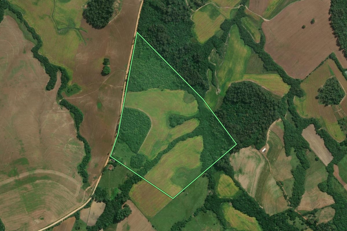 Imagem de satélite do imóvel rural em Pelotas (RS), com o contorno declarado no CAR desenhado por cima.