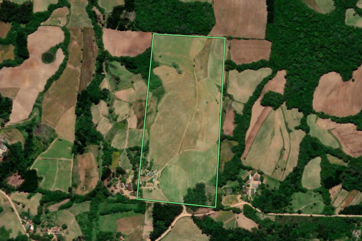 Imagem de satélite do imóvel rural em Pelotas (RS), com o contorno declarado no CAR desenhado por cima.