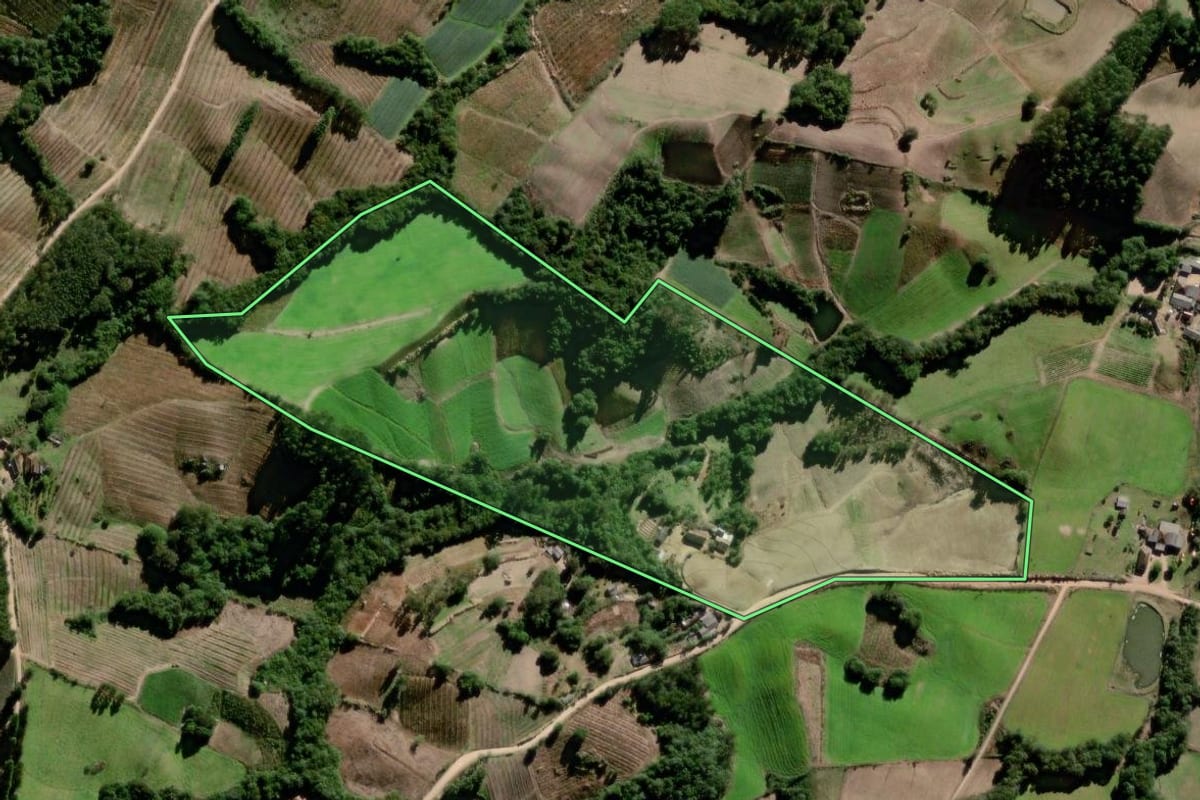 Imagem de satélite do imóvel rural em Pelotas (RS), com o contorno declarado no CAR desenhado por cima.