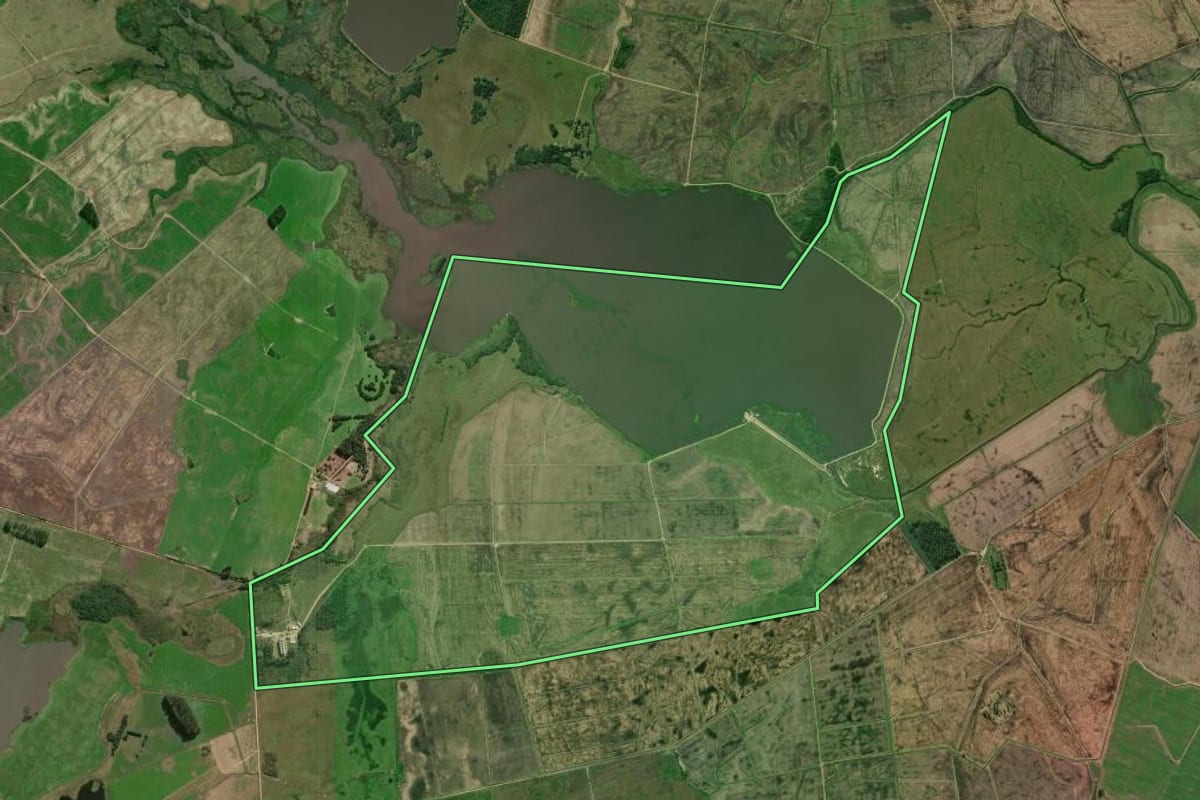 Imagem de satélite do imóvel rural em Pelotas (RS), com o contorno declarado no CAR desenhado por cima.