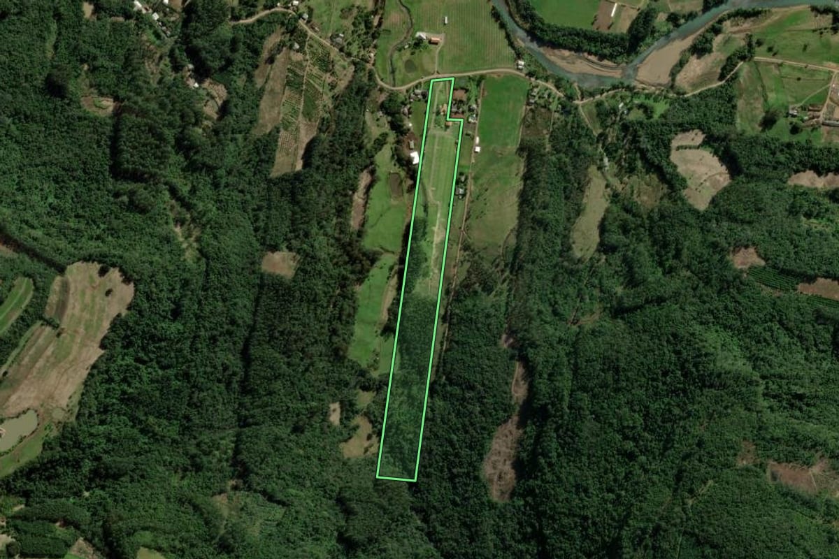 Imagem de satélite do imóvel rural em Picada Café (RS), com o contorno declarado no CAR desenhado por cima.
