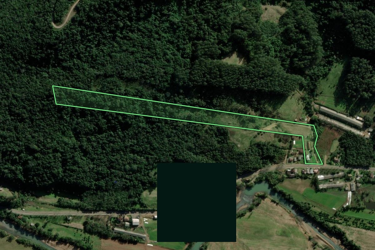 Imagem de satélite do imóvel rural em Picada Café (RS), com o contorno declarado no CAR desenhado por cima.