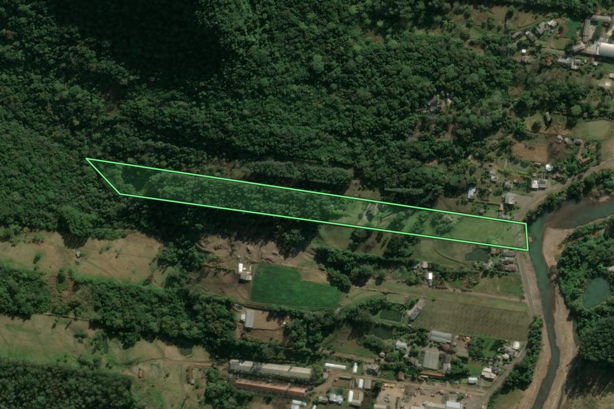Imagem de satélite do imóvel rural em Picada Café (RS), com o contorno declarado no CAR desenhado por cima.