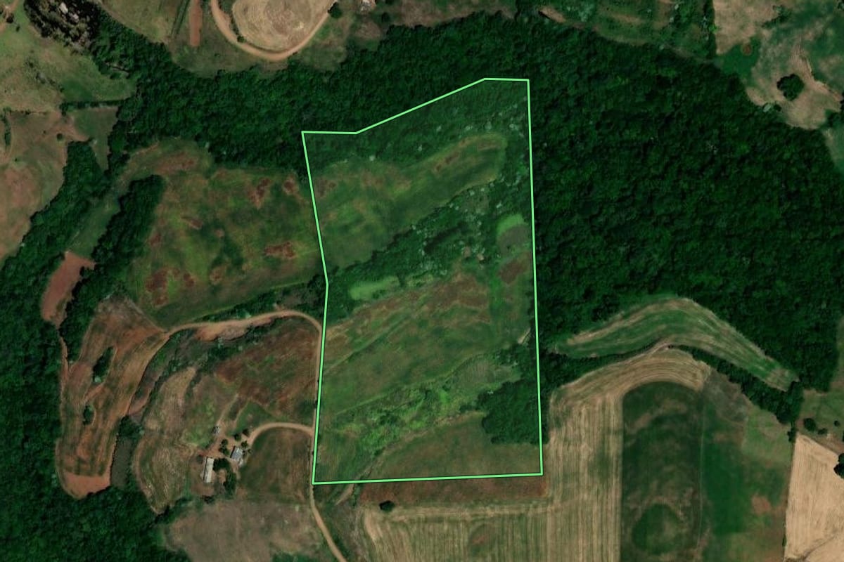 Imagem de satélite do imóvel rural em Pinhal (RS), com o contorno declarado no CAR desenhado por cima.