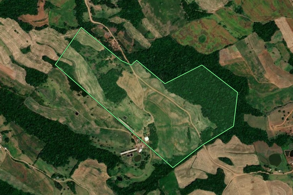 Imagem de satélite do imóvel rural em Pinhal (RS), com o contorno declarado no CAR desenhado por cima.