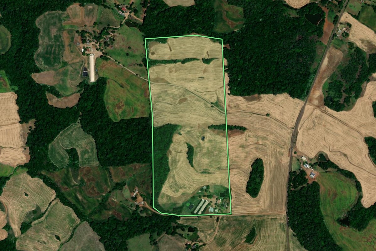 Imagem de satélite do imóvel rural em Pinhal (RS), com o contorno declarado no CAR desenhado por cima.