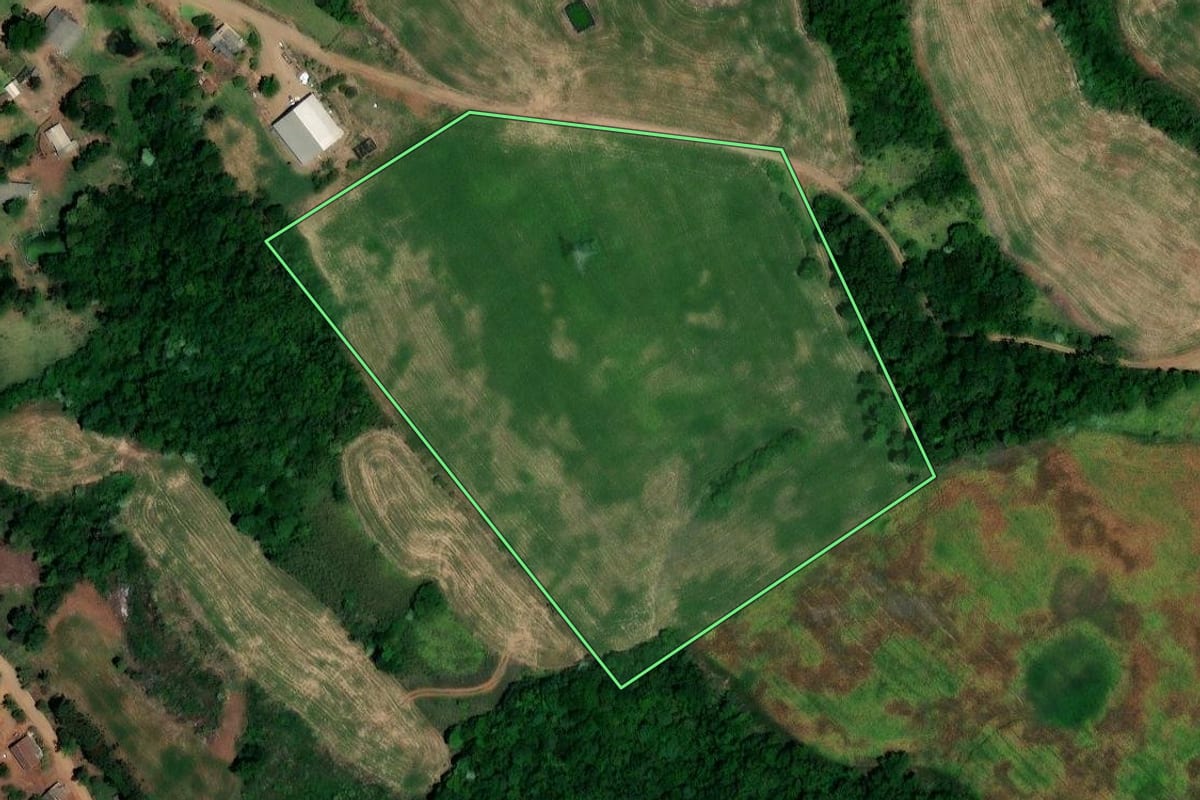 Imagem de satélite do imóvel rural em Pinhal (RS), com o contorno declarado no CAR desenhado por cima.
