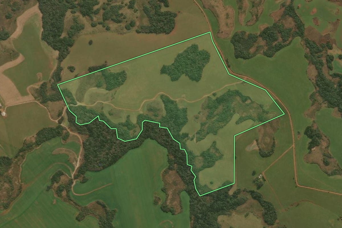 Imagem de satélite do imóvel rural em Pinhal da Serra (RS), com o contorno declarado no CAR desenhado por cima.