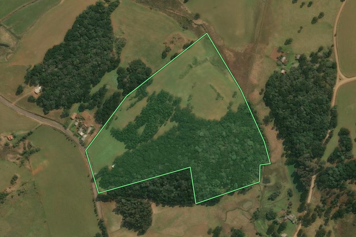 Imagem de satélite do imóvel rural em Pinhal da Serra (RS), com o contorno declarado no CAR desenhado por cima.