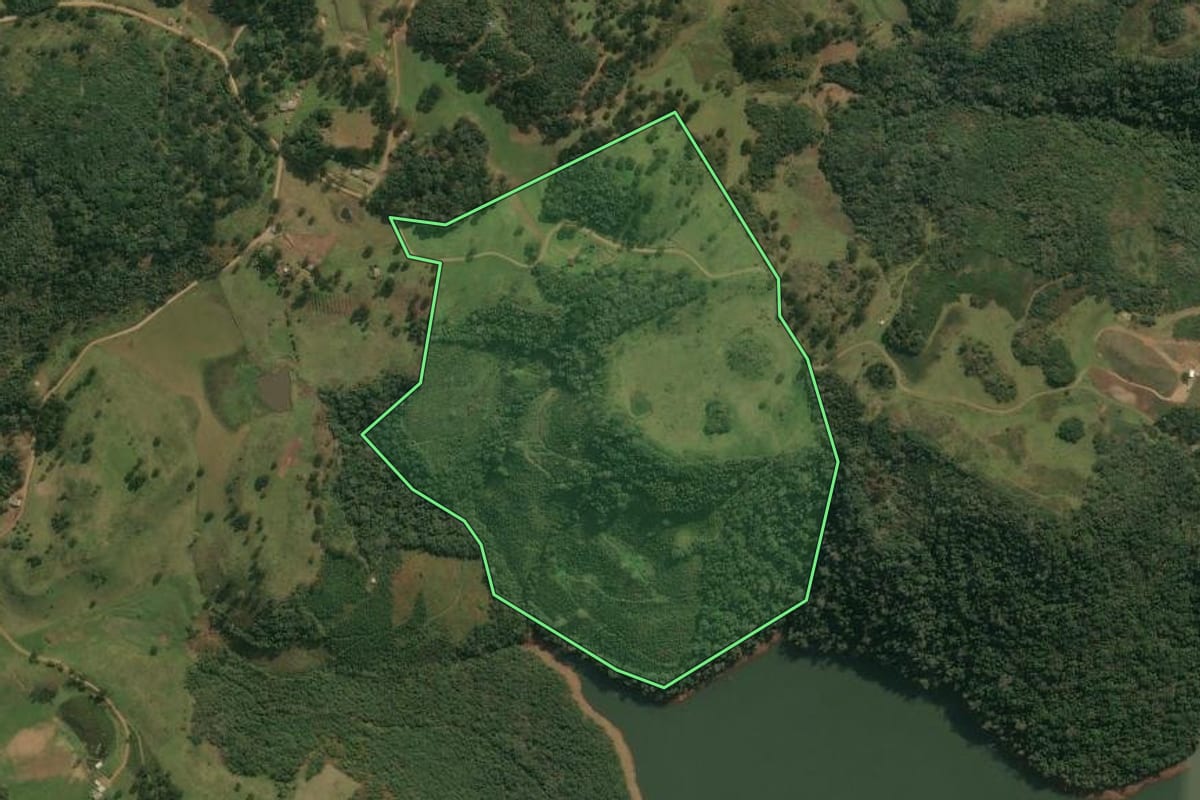 Imagem de satélite do imóvel rural em Pinhal da Serra (RS), com o contorno declarado no CAR desenhado por cima.