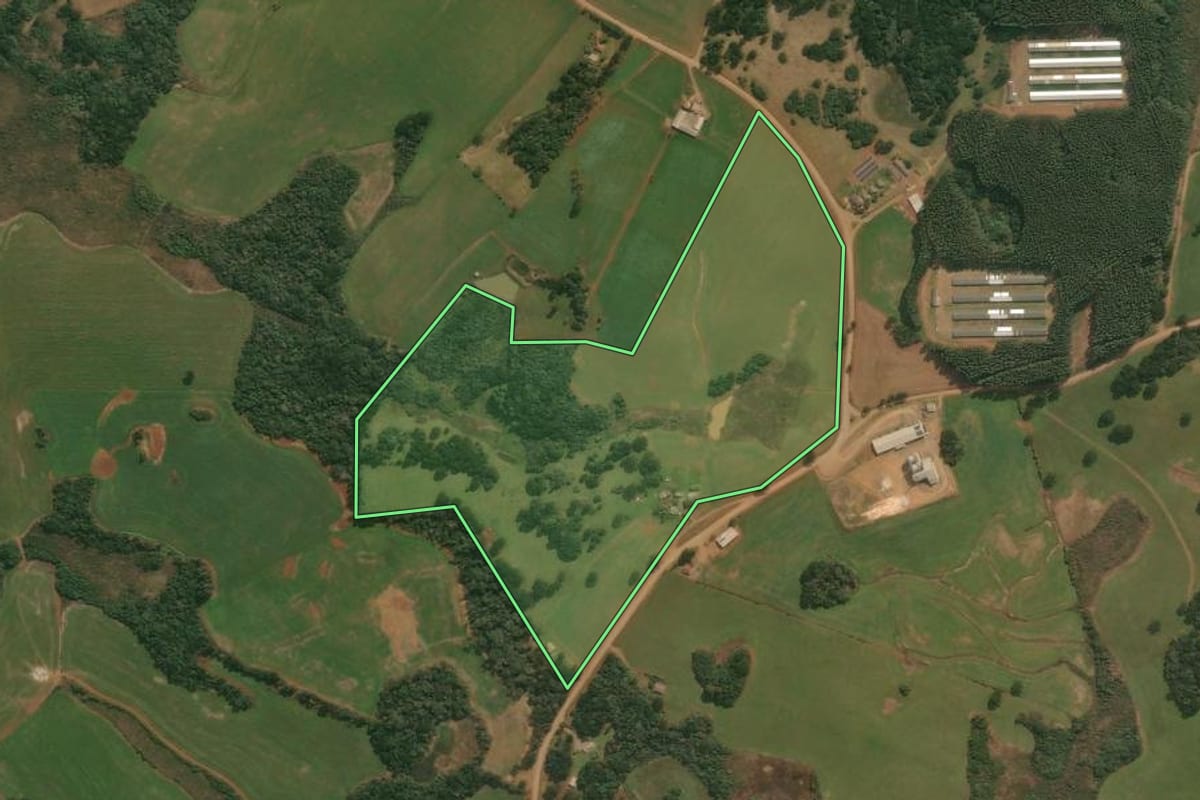 Imagem de satélite do imóvel rural em Pinhal da Serra (RS), com o contorno declarado no CAR desenhado por cima.