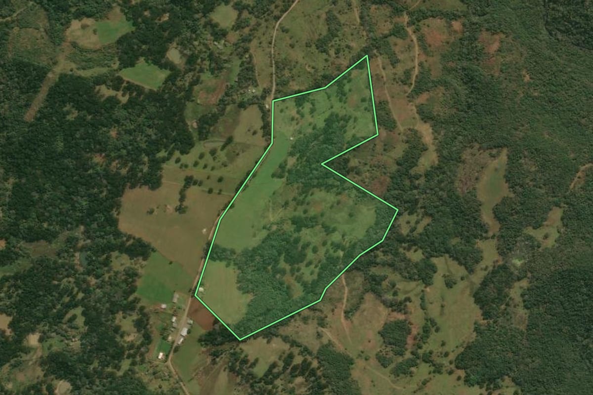 Imagem de satélite do imóvel rural em Pinhal da Serra (RS), com o contorno declarado no CAR desenhado por cima.