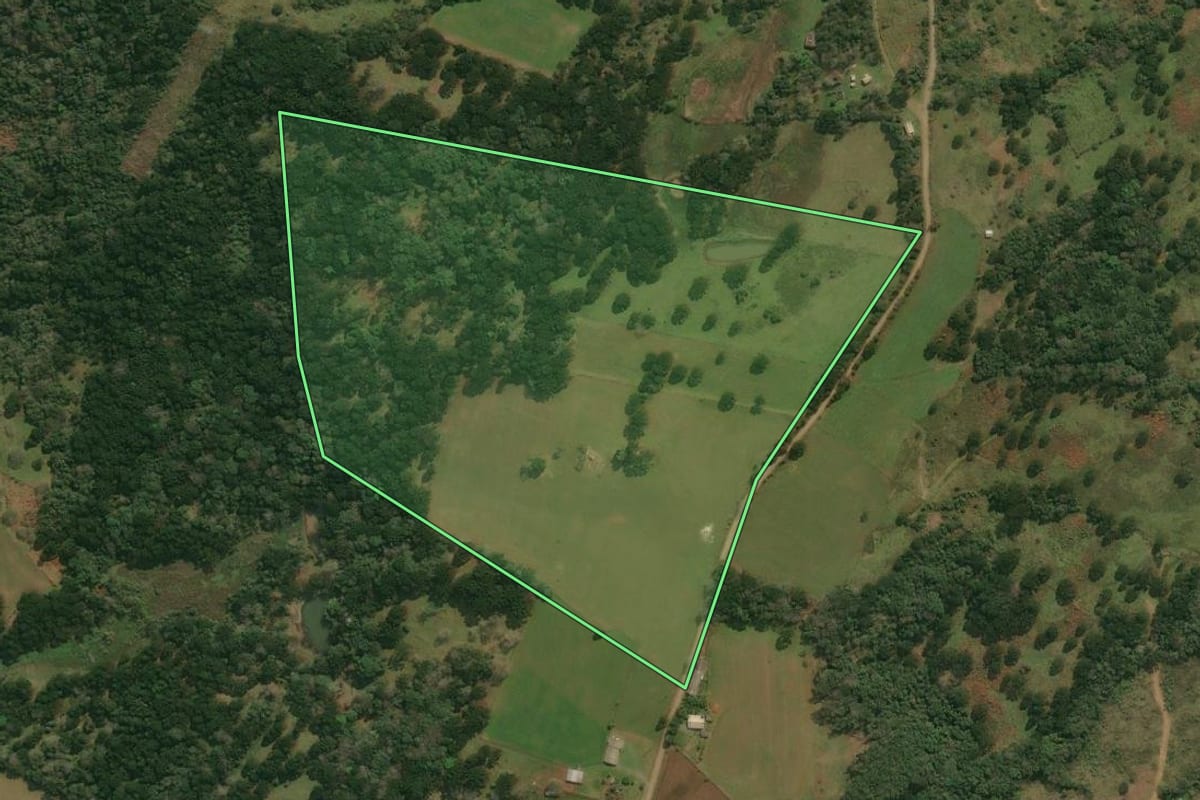 Imagem de satélite do imóvel rural em Pinhal da Serra (RS), com o contorno declarado no CAR desenhado por cima.