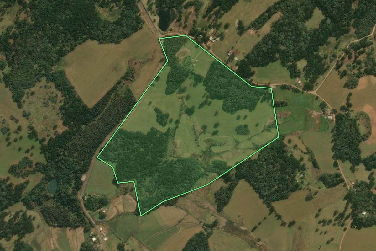 Imagem de satélite do imóvel rural em Pinhal da Serra (RS), com o contorno declarado no CAR desenhado por cima.