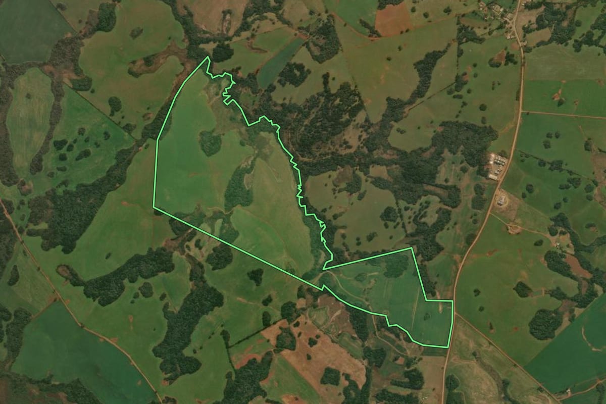 Imagem de satélite do imóvel rural em Pinhal da Serra (RS), com o contorno declarado no CAR desenhado por cima.