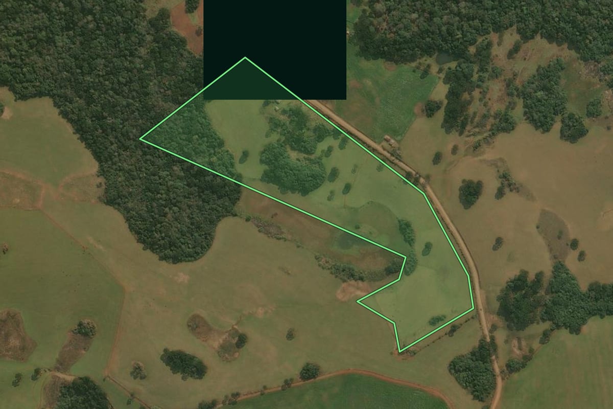 Imagem de satélite do imóvel rural em Pinhal da Serra (RS), com o contorno declarado no CAR desenhado por cima.