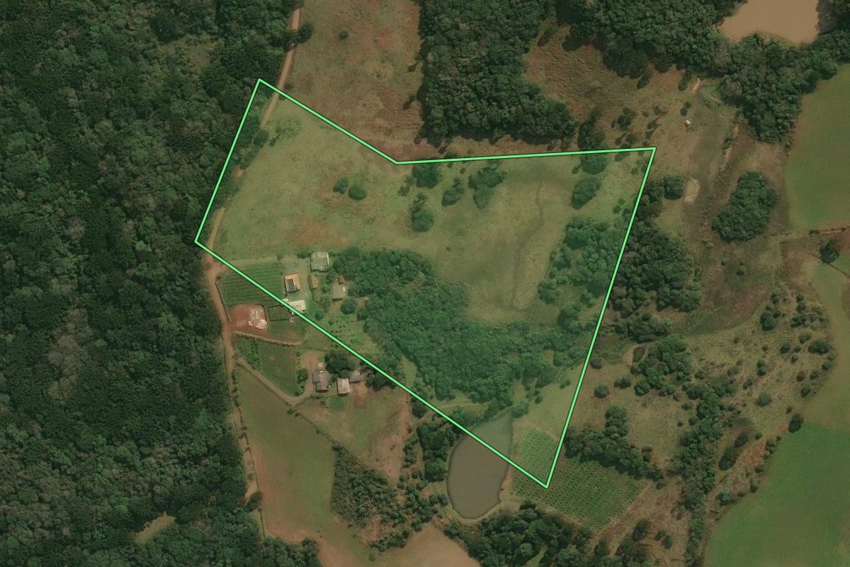 Imagem de satélite do imóvel rural em Pinhal da Serra (RS), com o contorno declarado no CAR desenhado por cima.