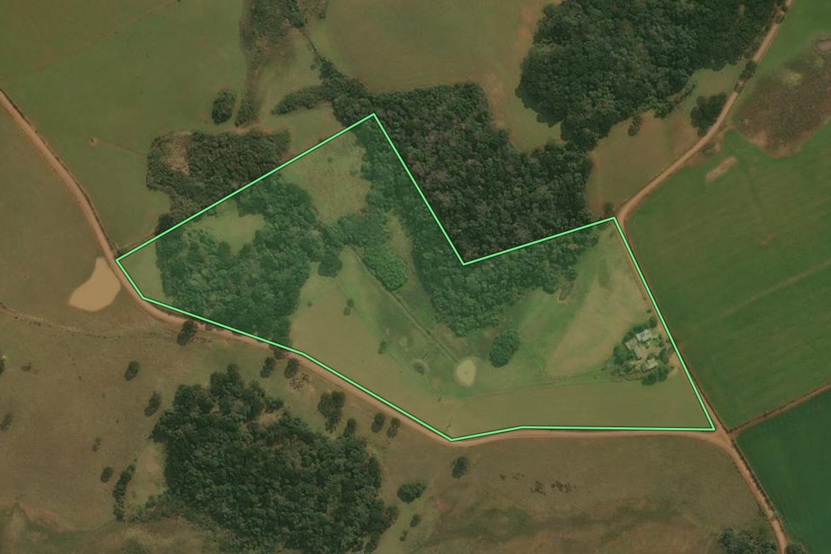 Imagem de satélite do imóvel rural em Pinhal da Serra (RS), com o contorno declarado no CAR desenhado por cima.
