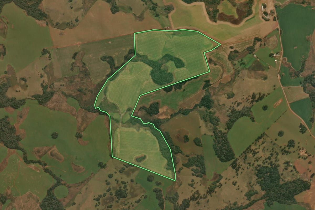 Imagem de satélite do imóvel rural em Pinhal da Serra (RS), com o contorno declarado no CAR desenhado por cima.