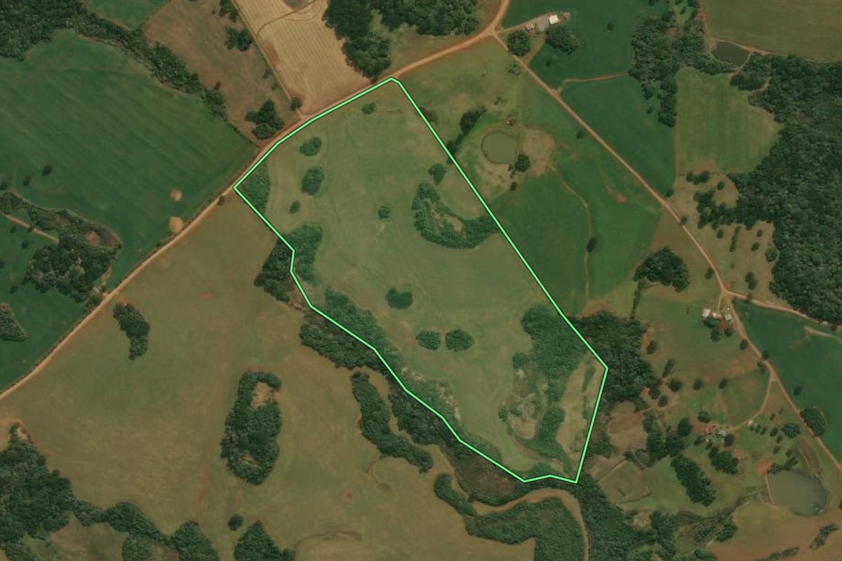 Imagem de satélite do imóvel rural em Pinhal da Serra (RS), com o contorno declarado no CAR desenhado por cima.
