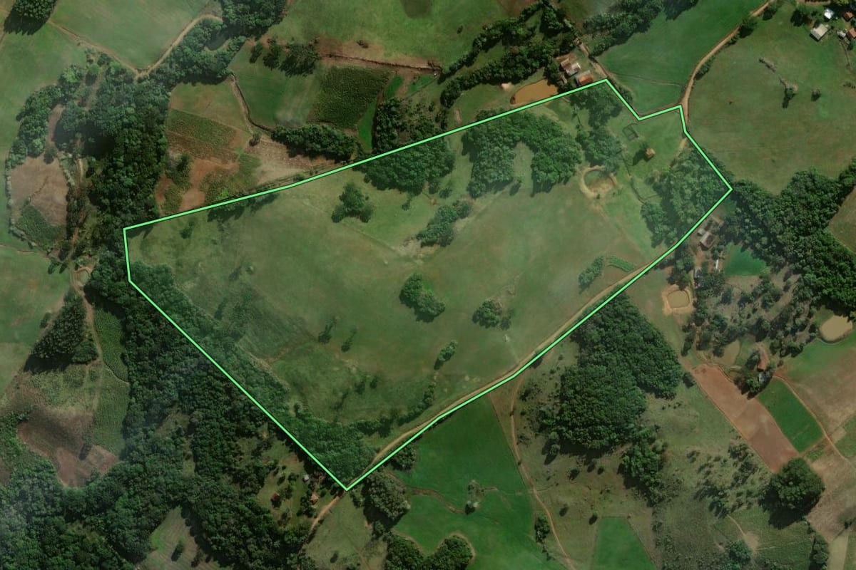 Imagem de satélite do imóvel rural em Pinhal Grande (RS), com o contorno declarado no CAR desenhado por cima.