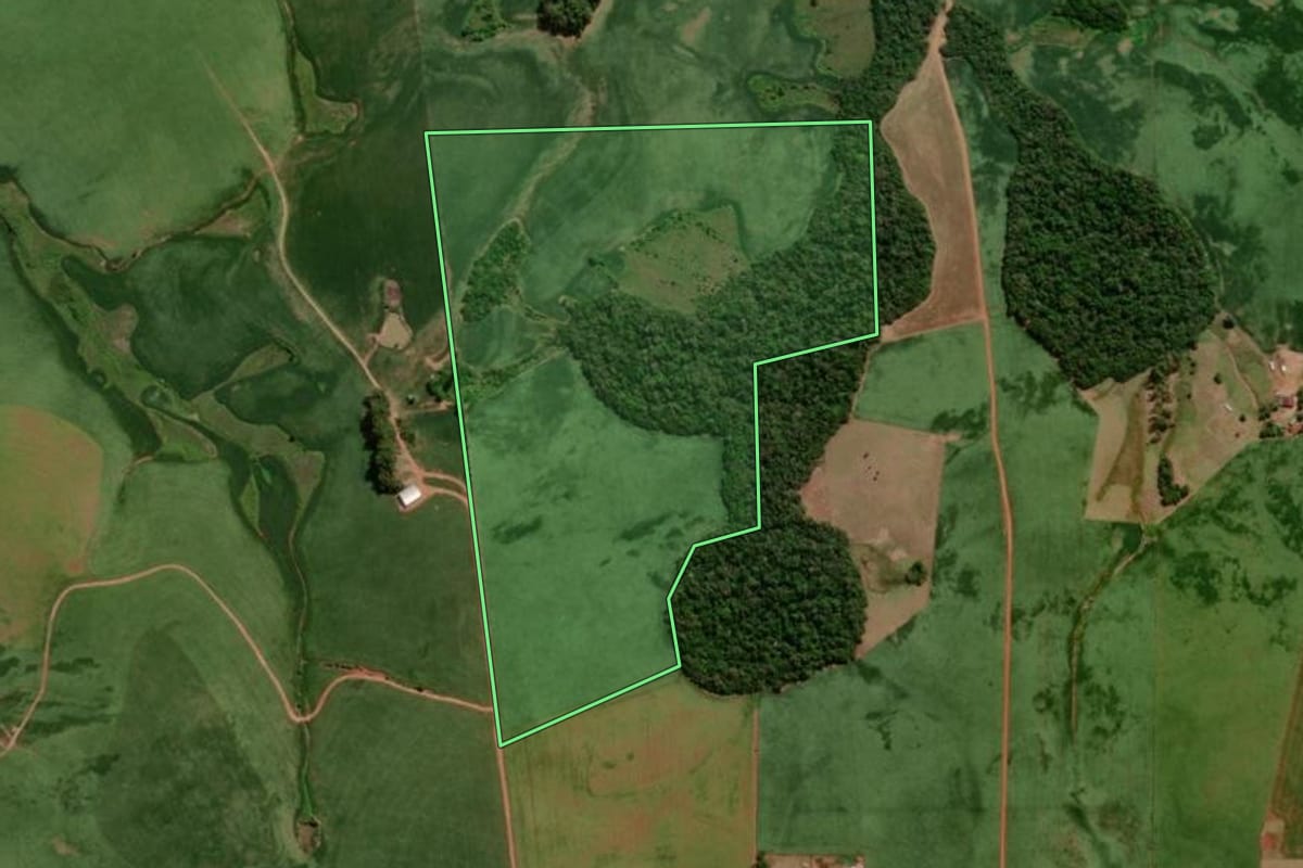 Imagem de satélite do imóvel rural em Pinhal Grande (RS), com o contorno declarado no CAR desenhado por cima.