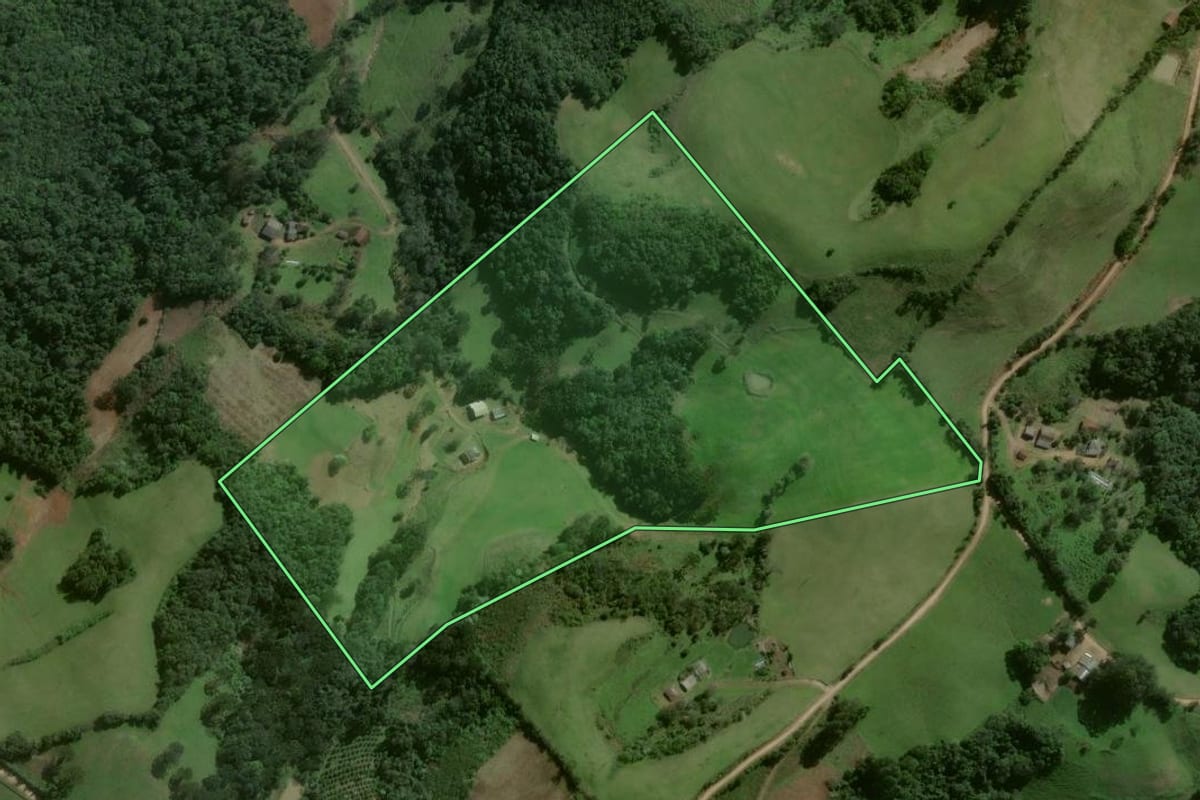 Imagem de satélite do imóvel rural em Pinhal Grande (RS), com o contorno declarado no CAR desenhado por cima.