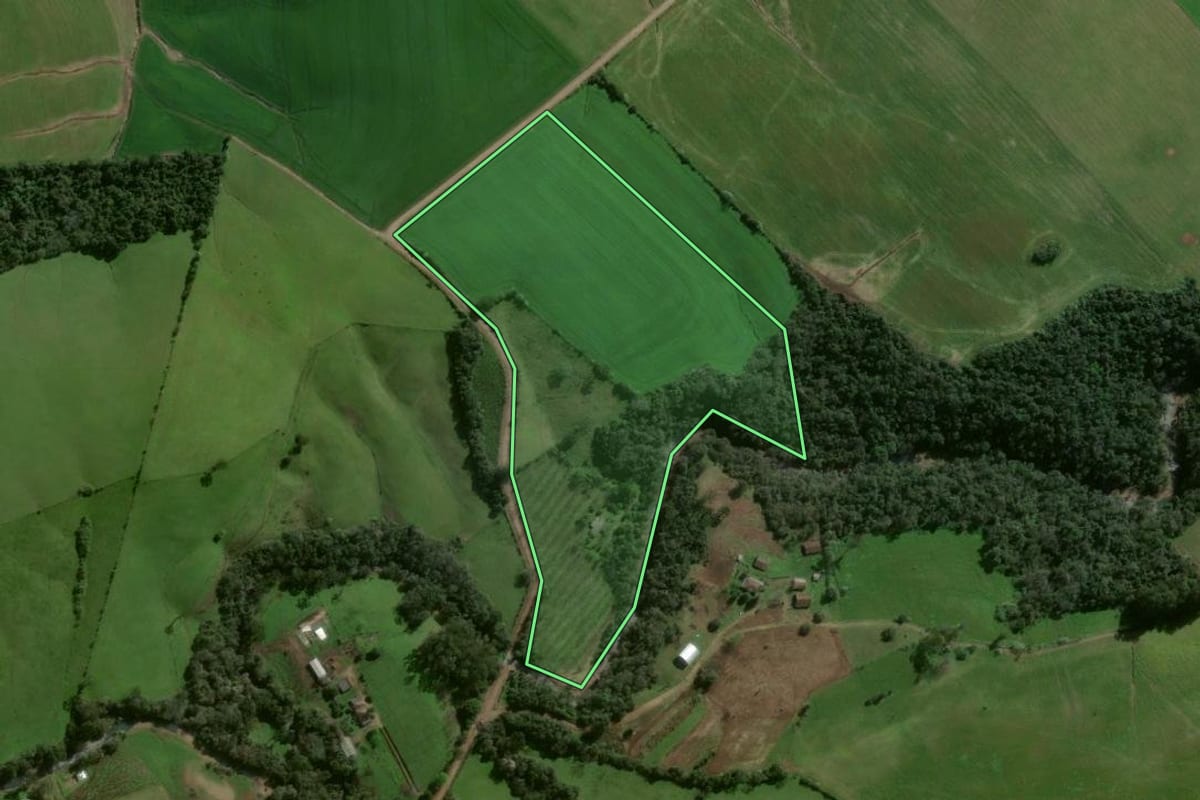 Imagem de satélite do imóvel rural em Pinhal Grande (RS), com o contorno declarado no CAR desenhado por cima.