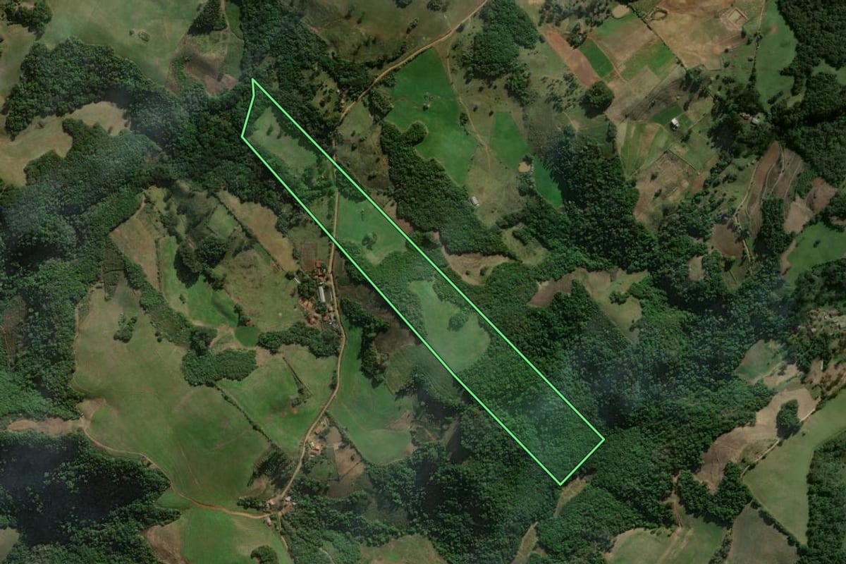 Imagem de satélite do imóvel rural em Pinhal Grande (RS), com o contorno declarado no CAR desenhado por cima.