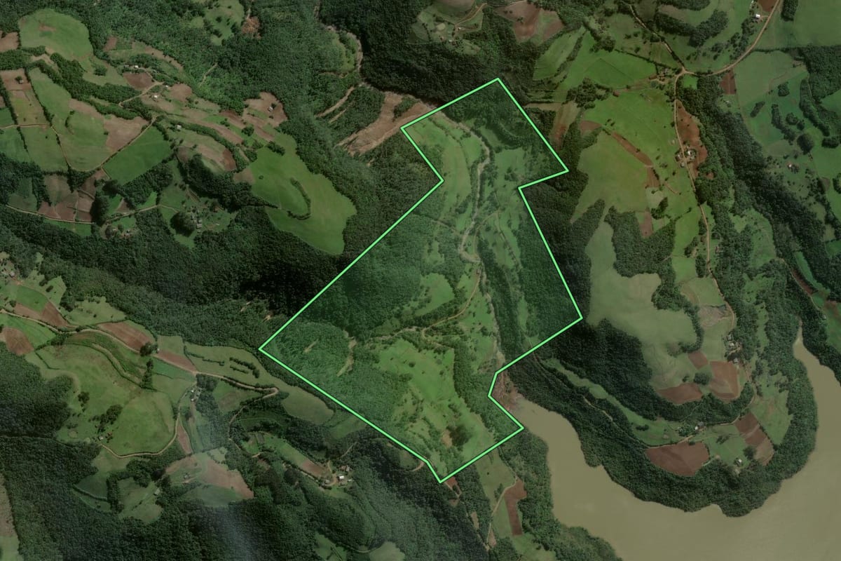 Imagem de satélite do imóvel rural em Pinhal Grande (RS), com o contorno declarado no CAR desenhado por cima.