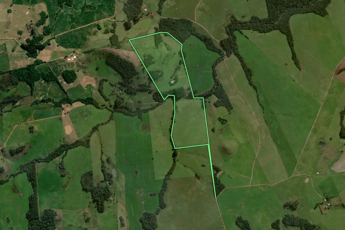Imagem de satélite do imóvel rural em Pinhal Grande (RS), com o contorno declarado no CAR desenhado por cima.