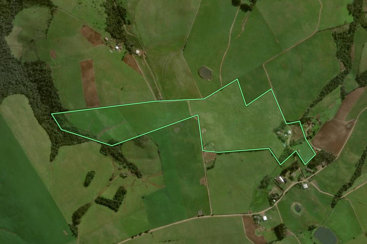 Imagem de satélite do imóvel rural em Pinhal Grande (RS), com o contorno declarado no CAR desenhado por cima.
