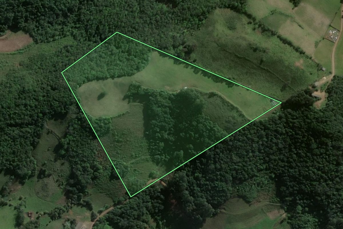 Imagem de satélite do imóvel rural em Pinhal Grande (RS), com o contorno declarado no CAR desenhado por cima.