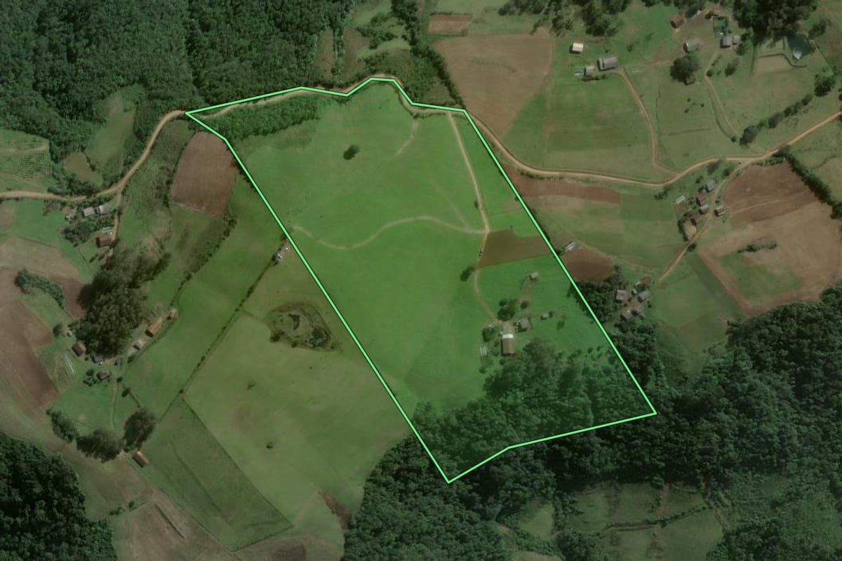 Imagem de satélite do imóvel rural em Pinhal Grande (RS), com o contorno declarado no CAR desenhado por cima.
