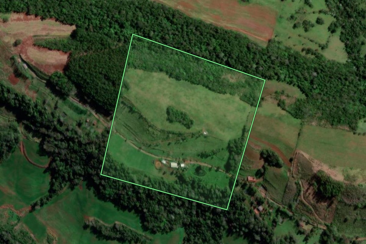 Imagem de satélite do imóvel rural em Pinheirinho do Vale (RS), com o contorno declarado no CAR desenhado por cima.
