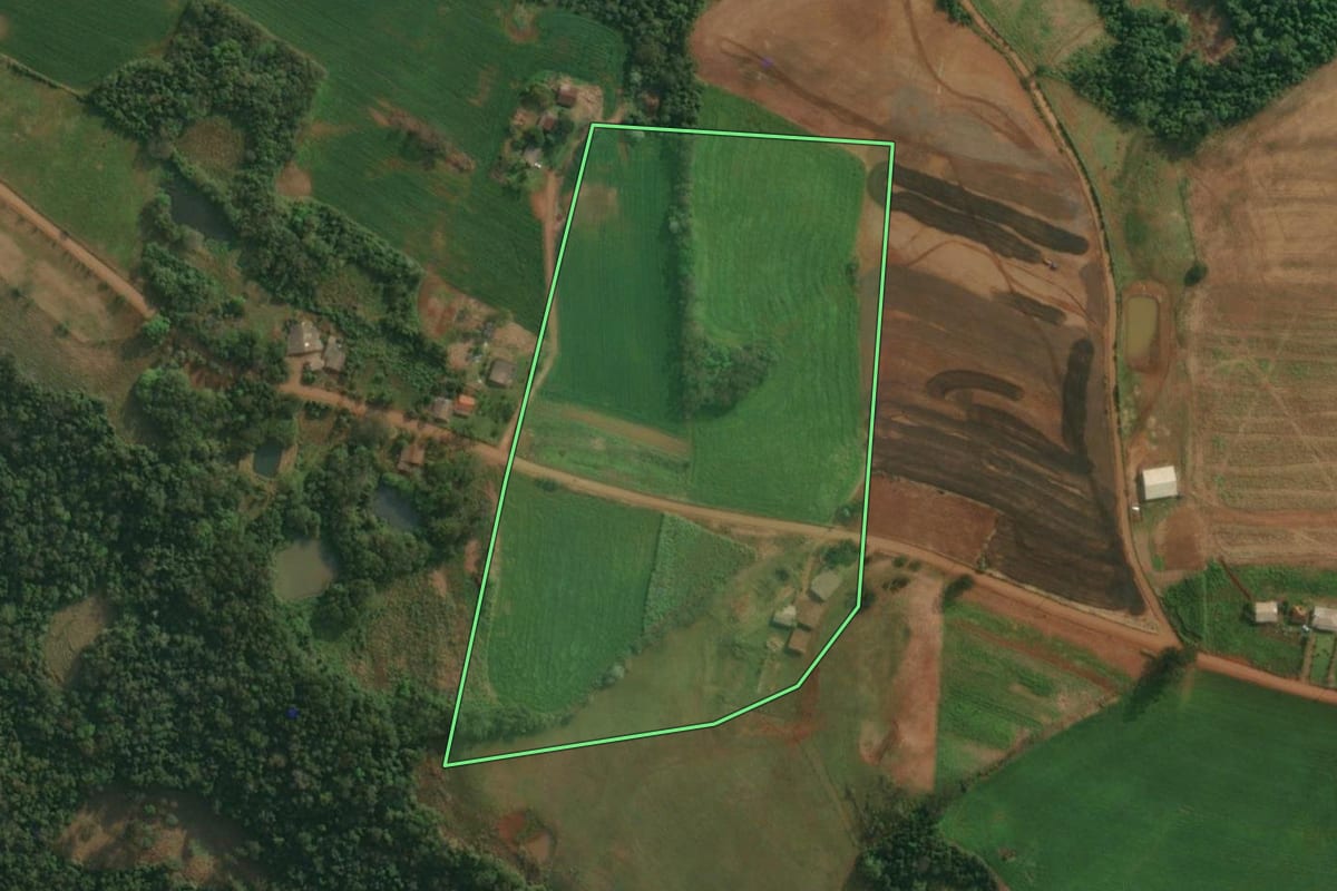 Imagem de satélite do imóvel rural em Pinheirinho do Vale (RS), com o contorno declarado no CAR desenhado por cima.
