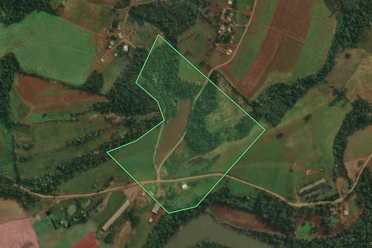 Imagem de satélite do imóvel rural em Pinheirinho do Vale (RS), com o contorno declarado no CAR desenhado por cima.