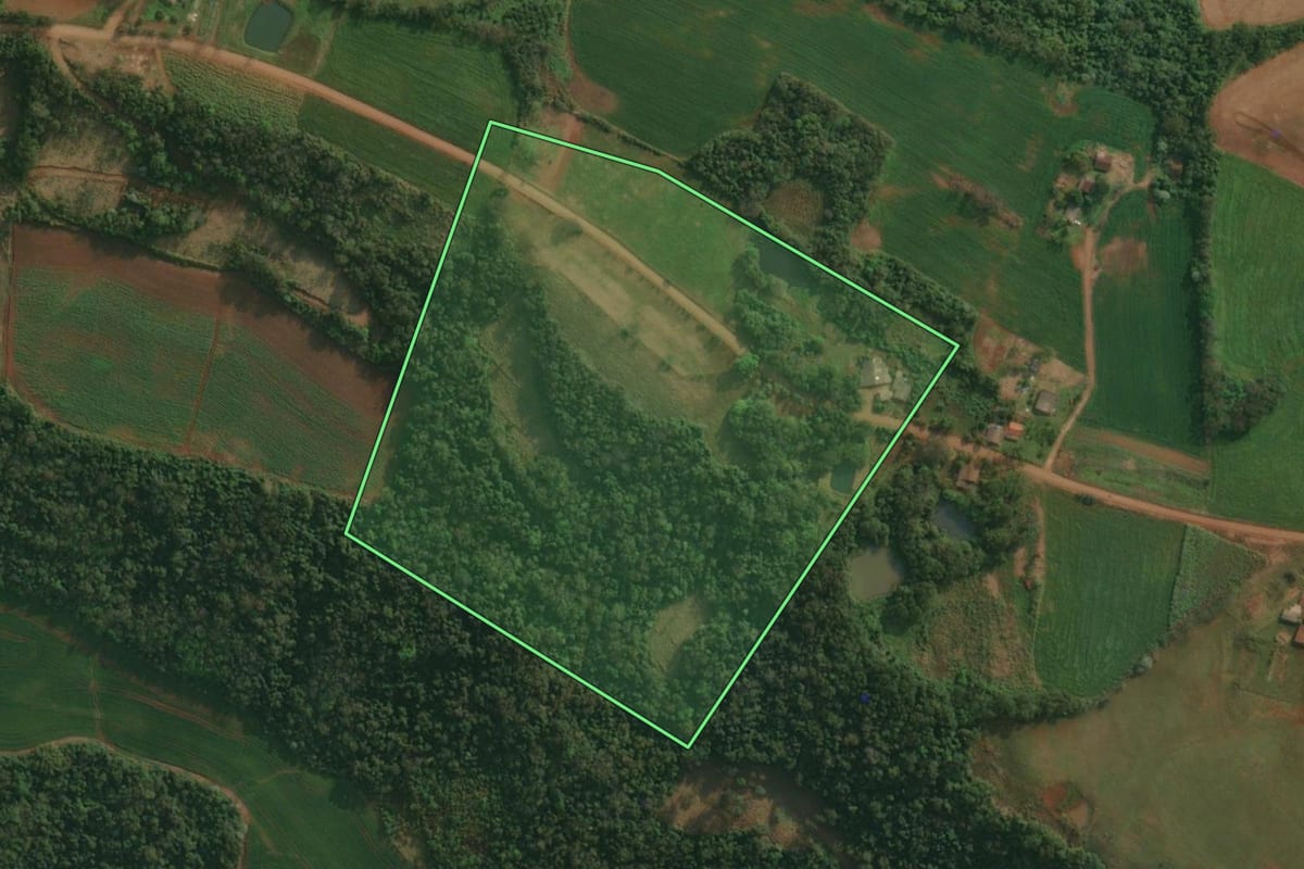 Imagem de satélite do imóvel rural em Pinheirinho do Vale (RS), com o contorno declarado no CAR desenhado por cima.