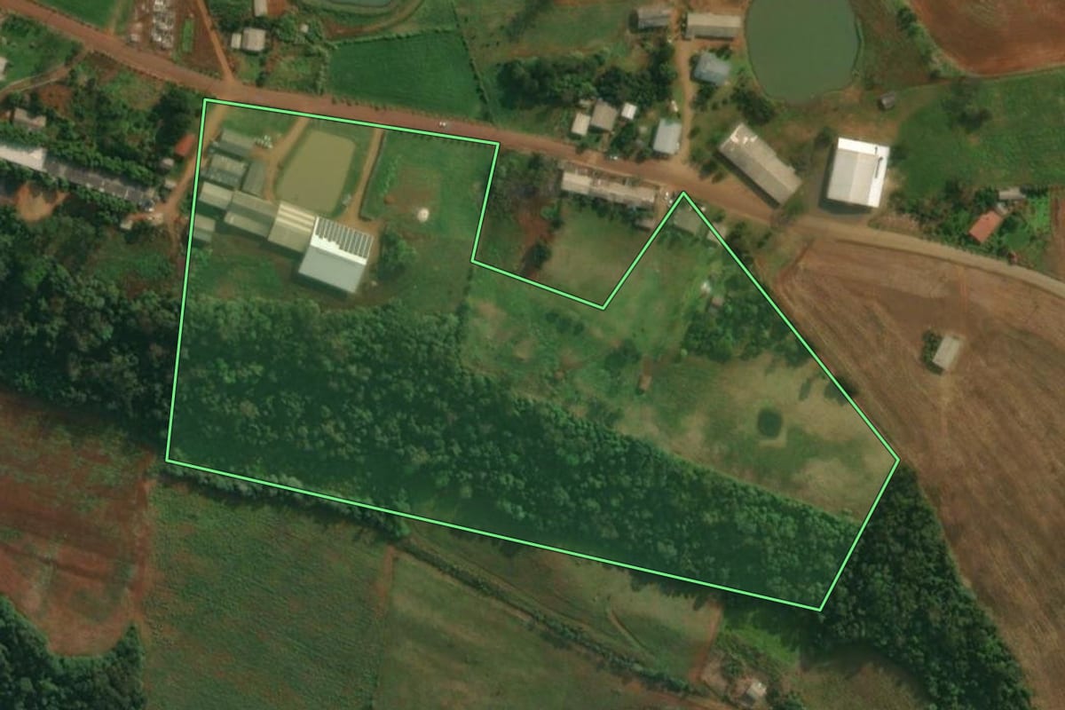 Imagem de satélite do imóvel rural em Pinheirinho do Vale (RS), com o contorno declarado no CAR desenhado por cima.