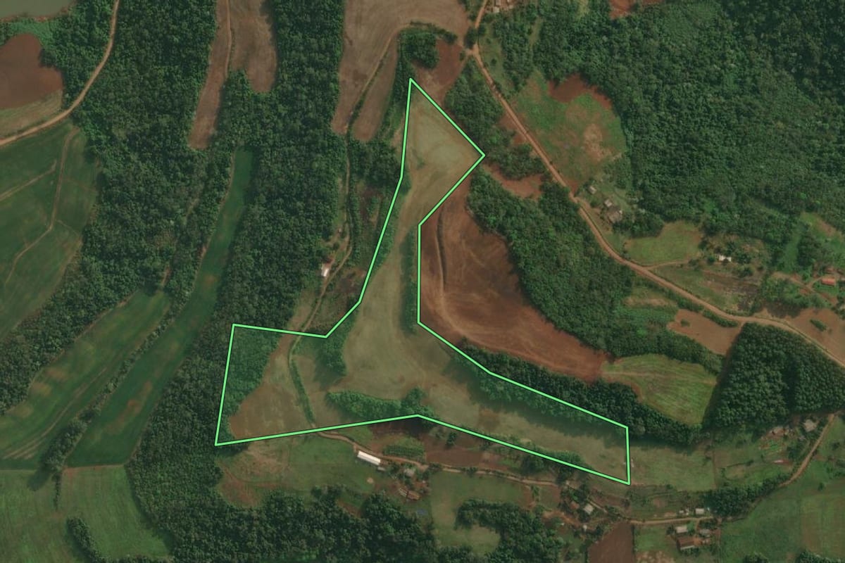 Imagem de satélite do imóvel rural em Pinheirinho do Vale (RS), com o contorno declarado no CAR desenhado por cima.