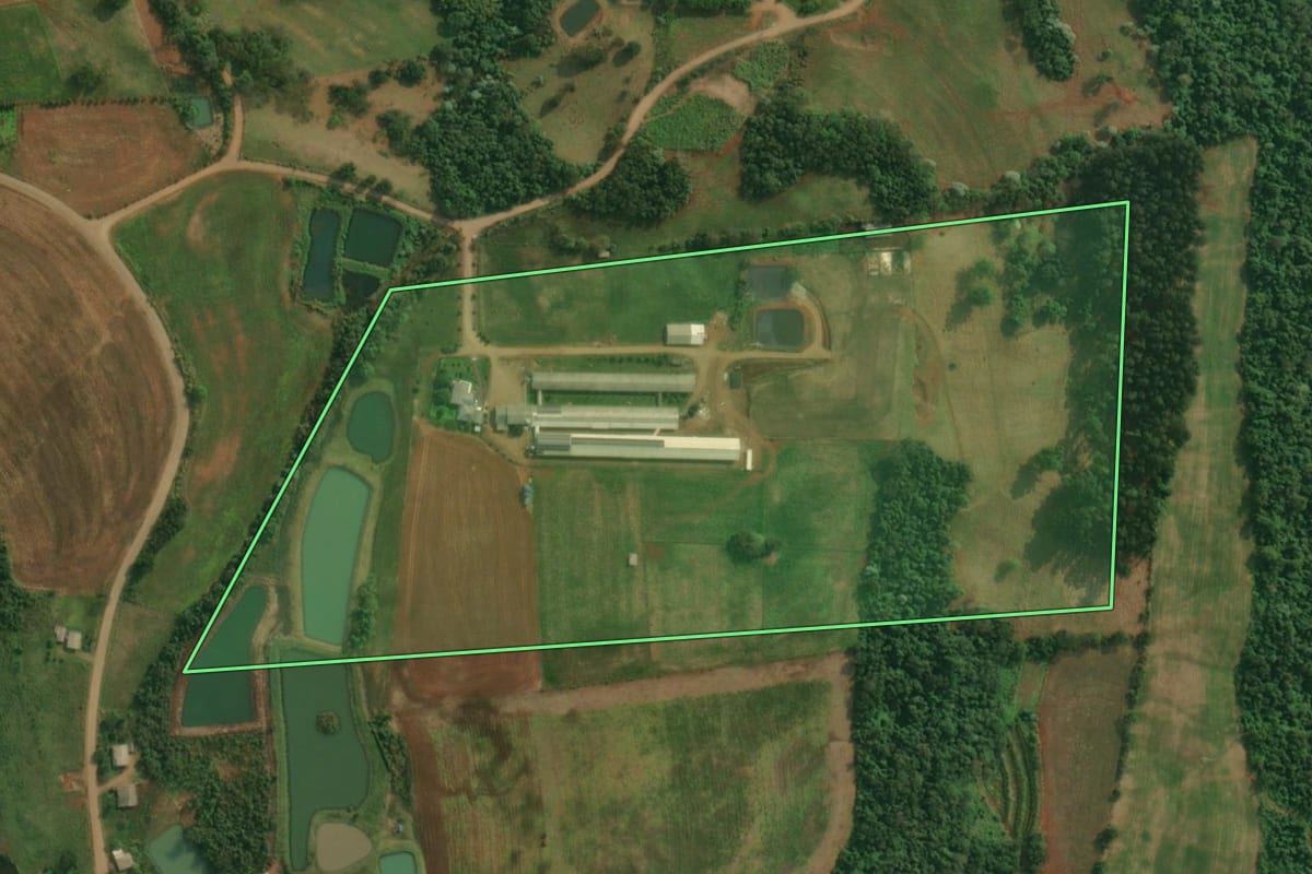Imagem de satélite do imóvel rural em Pinheirinho do Vale (RS), com o contorno declarado no CAR desenhado por cima.
