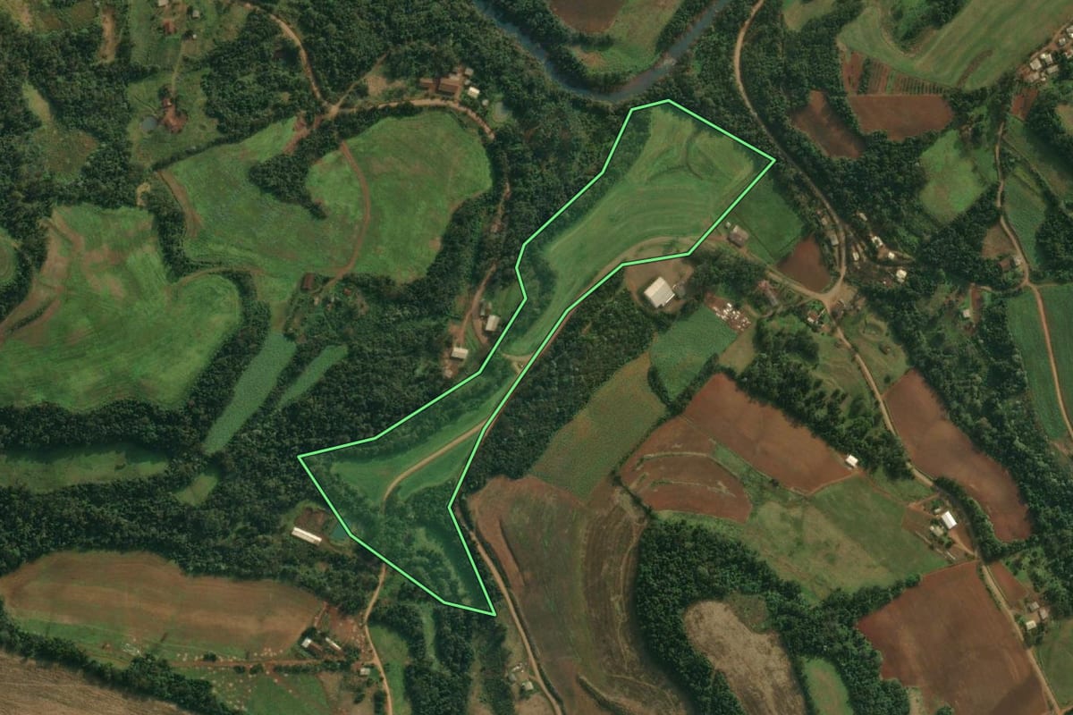 Imagem de satélite do imóvel rural em Pinheirinho do Vale (RS), com o contorno declarado no CAR desenhado por cima.