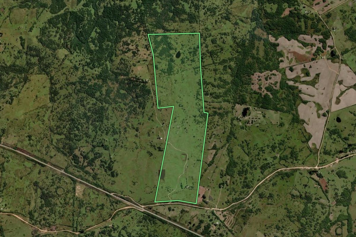 Imagem de satélite do imóvel rural em Pinheiro Machado (RS), com o contorno declarado no CAR desenhado por cima.