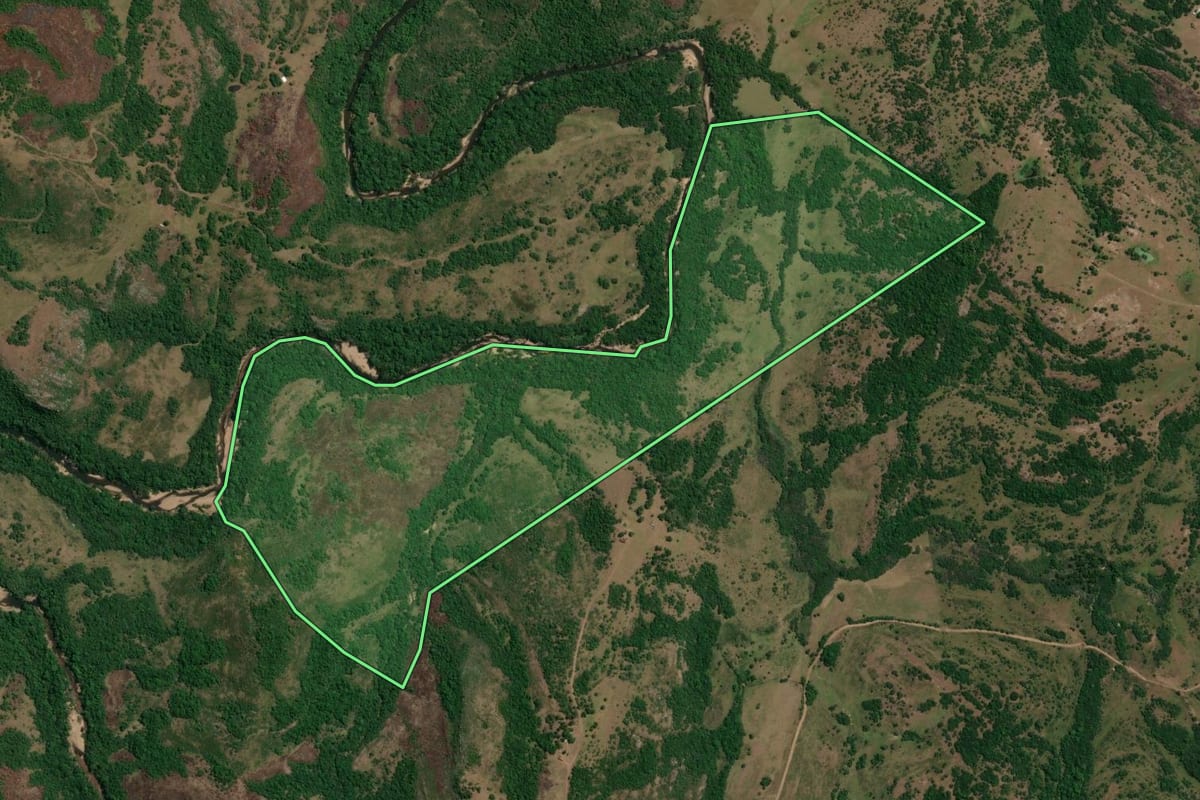 Imagem de satélite do imóvel rural em Pinheiro Machado (RS), com o contorno declarado no CAR desenhado por cima.