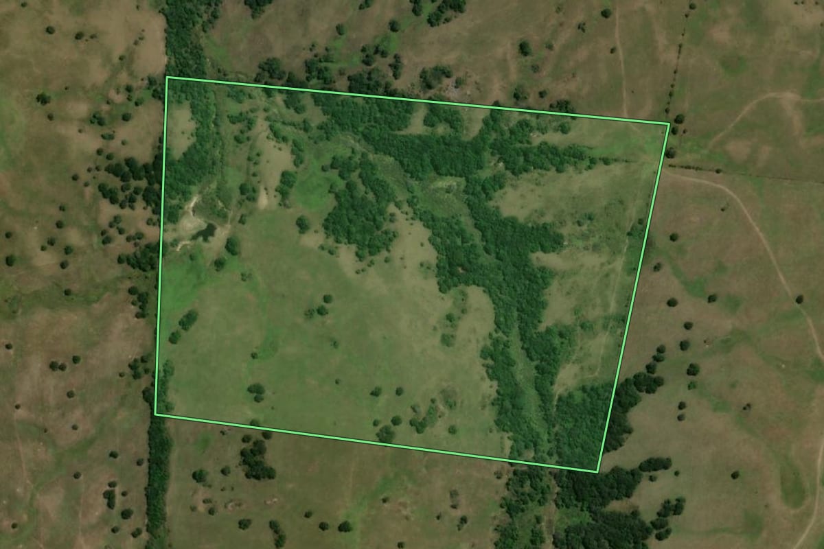 Imagem de satélite do imóvel rural em Pinheiro Machado (RS), com o contorno declarado no CAR desenhado por cima.