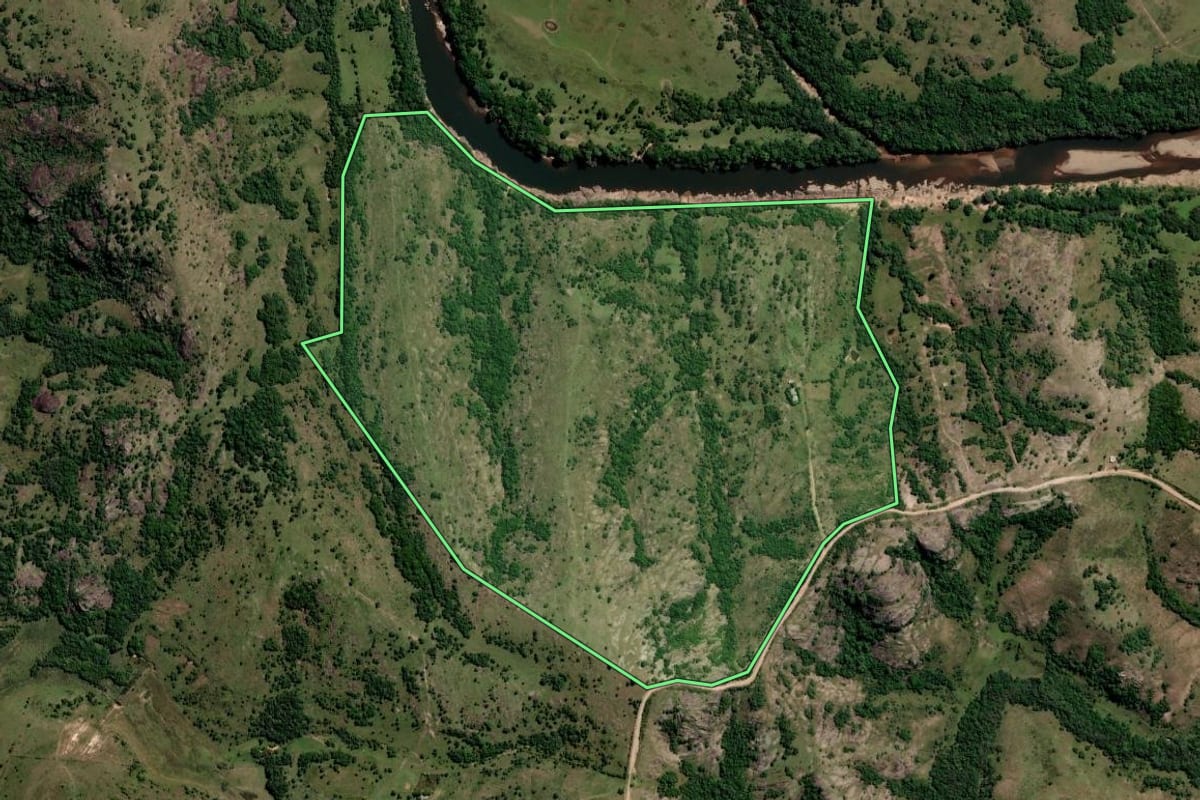 Imagem de satélite do imóvel rural em Pinheiro Machado (RS), com o contorno declarado no CAR desenhado por cima.