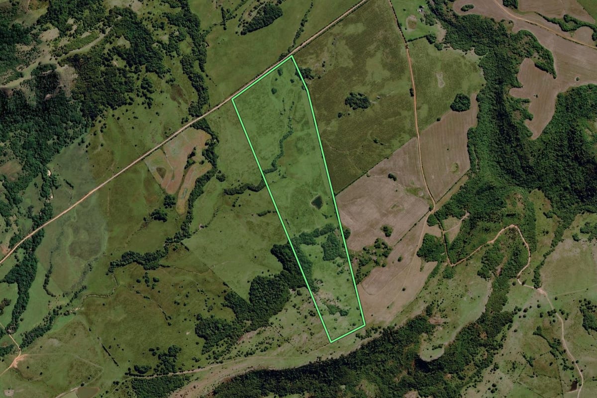 Imagem de satélite do imóvel rural em Pinheiro Machado (RS), com o contorno declarado no CAR desenhado por cima.