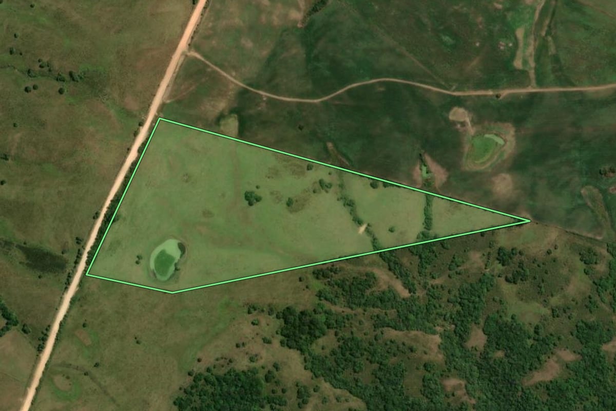 Imagem de satélite do imóvel rural em Pinheiro Machado (RS), com o contorno declarado no CAR desenhado por cima.