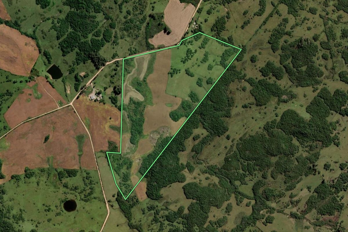 Imagem de satélite do imóvel rural em Pinheiro Machado (RS), com o contorno declarado no CAR desenhado por cima.
