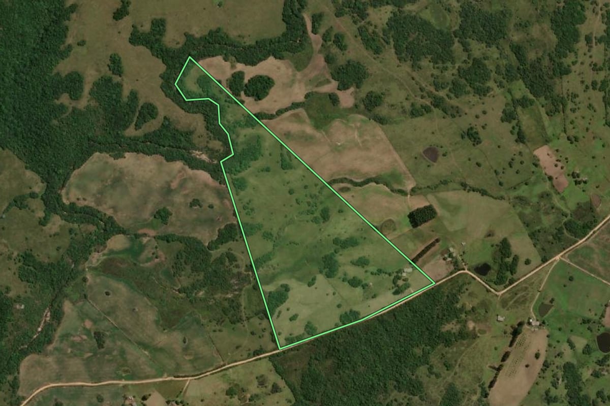 Imagem de satélite do imóvel rural em Pinheiro Machado (RS), com o contorno declarado no CAR desenhado por cima.